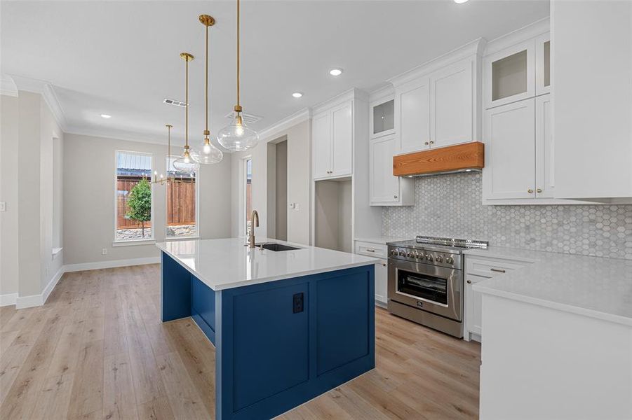 Kitchen with pendant lighting, an island with sink, sink, high end stainless steel range, and white cabinetry