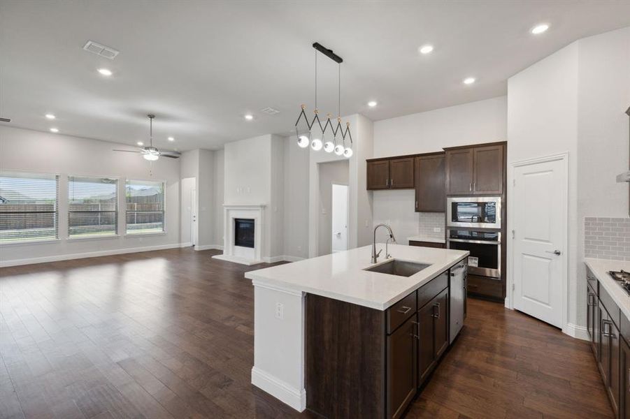 Kitchen featuring ceiling fan, tasteful backsplash, stainless steel appliances, dark hardwood / wood-style flooring, and sink