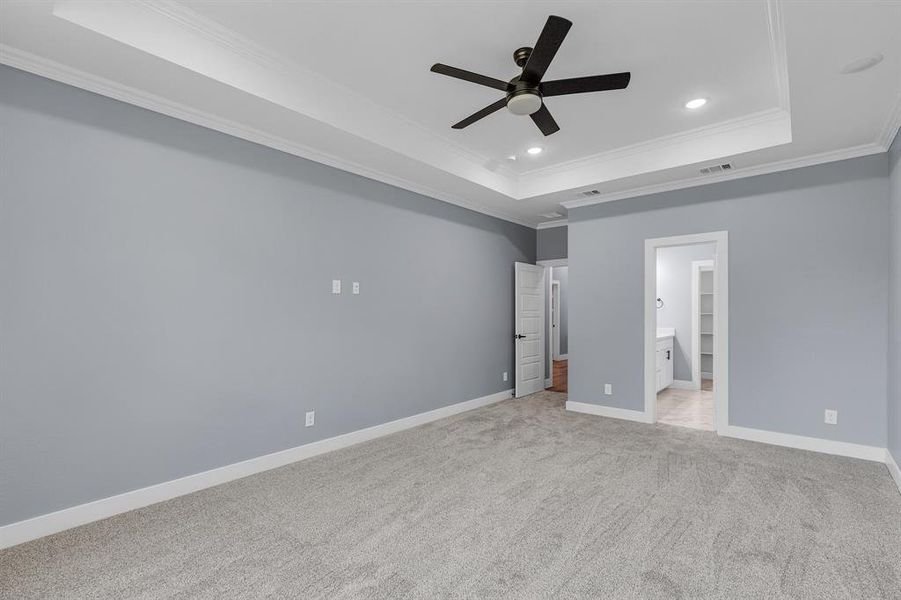 Spare room featuring light carpet, ornamental molding, ceiling fan, and a raised ceiling