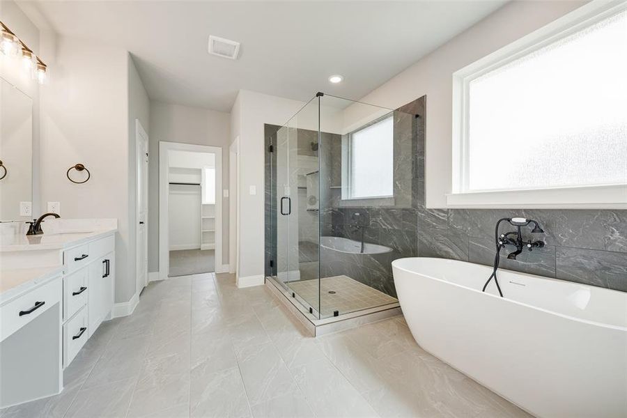 Bathroom with shower with separate bathtub and vanity