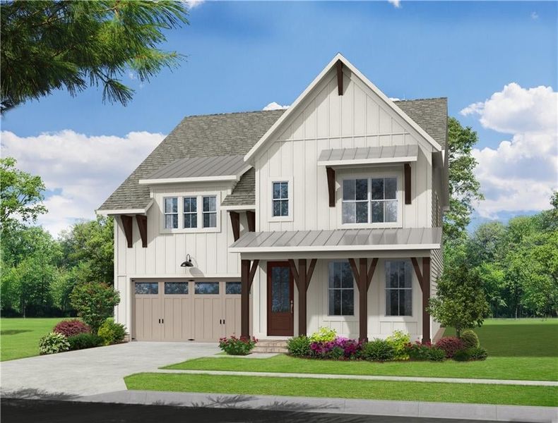 Modern inspired farmhouse featuring a front entry garage. Photo not actual home, but previously built Mansfield plan.