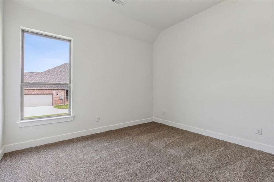 Spare room featuring lofted ceiling and carpet floors