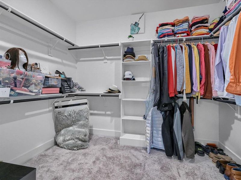 Walk in closet featuring light colored carpet