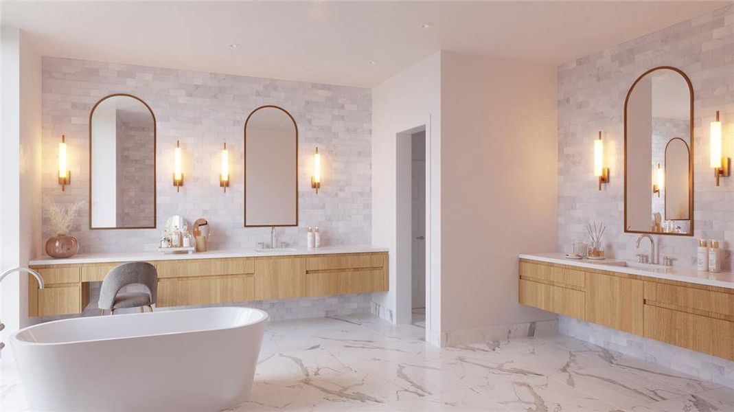 Artist Rendition of the Primary Bathroom, complete with Eggersman Cabinetry, freestanding soaking tub, paneled walls & an abundance of natural light illuminating the lush owners space.