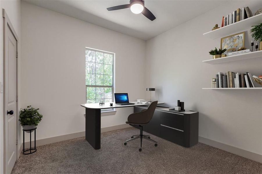 Office with carpet and ceiling fan