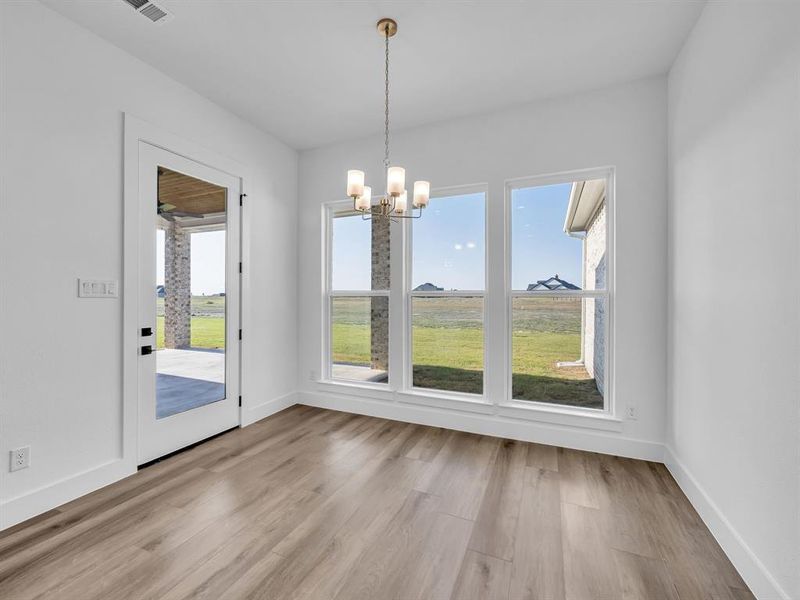 Unfurnished dining area with light hardwood / wood-style floors, an inviting chandelier, and a wealth of natural light