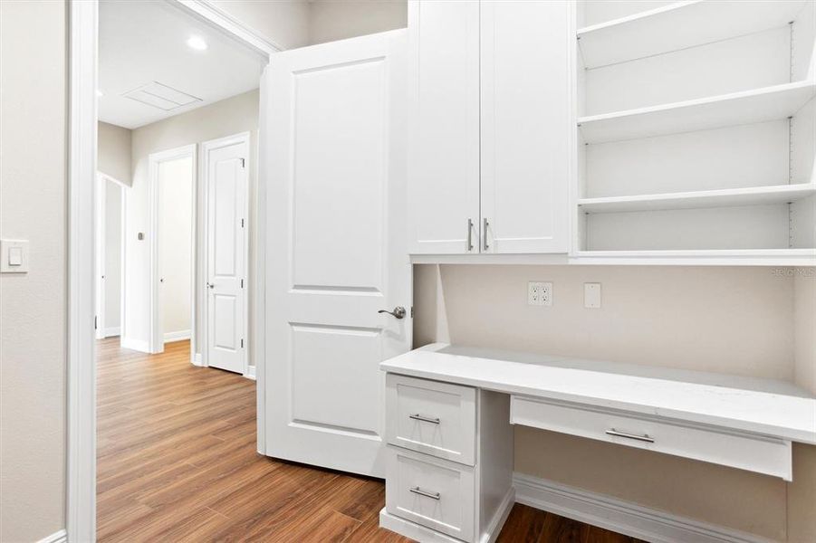 Close up of desk area in Laundry Room.