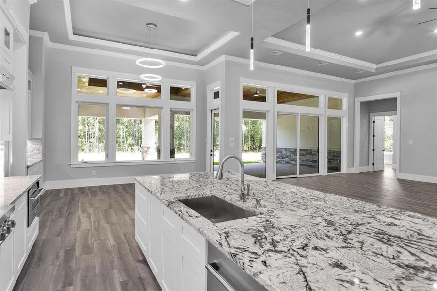 Kitchen, Dining Room, & Family Room are lit through expansive walls of glass windows & doors opening to the Covered Patio, as well cylindrical pendant lights over the Kitchen Island and a circular tiered chandelier in the Dining Room.