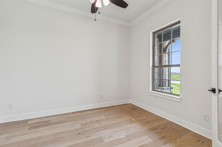 Spare room featuring ornamental molding, ceiling fan, and light hardwood / wood-style floors