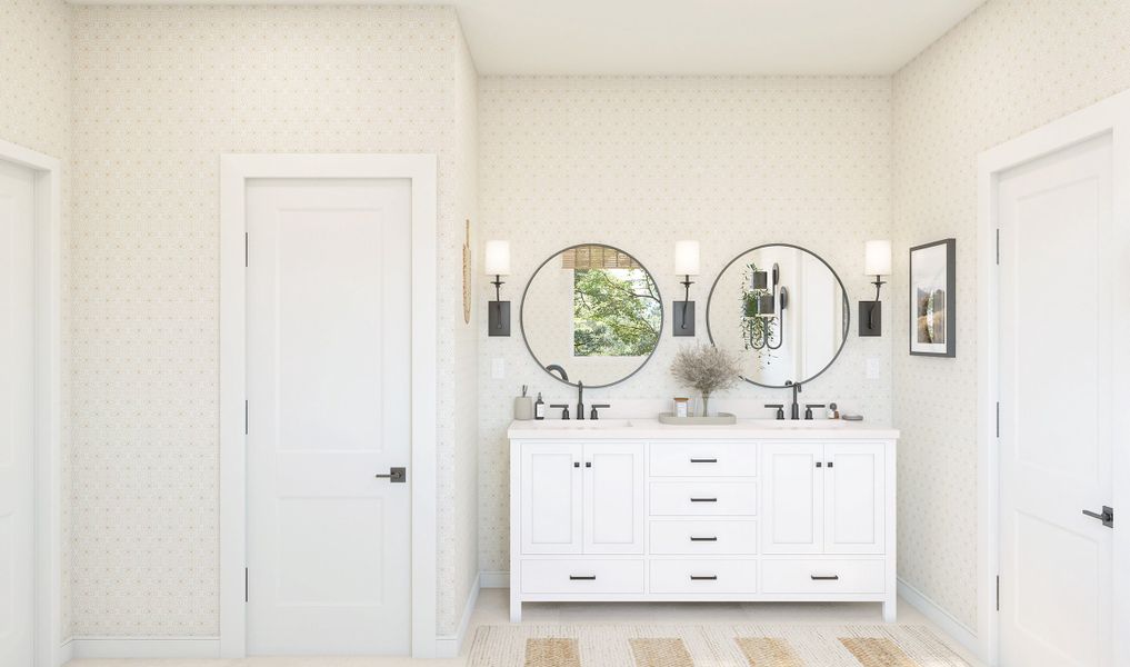 Primary bath with dual sinks and matte black fixtures throughout