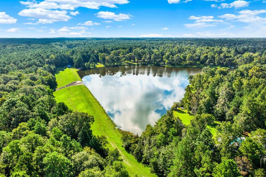 This aerial photo showcases a serene lakeside property surrounded by lush greenery, offering a peaceful and private setting with expansive views of nature.  This is right around the corner from this home.