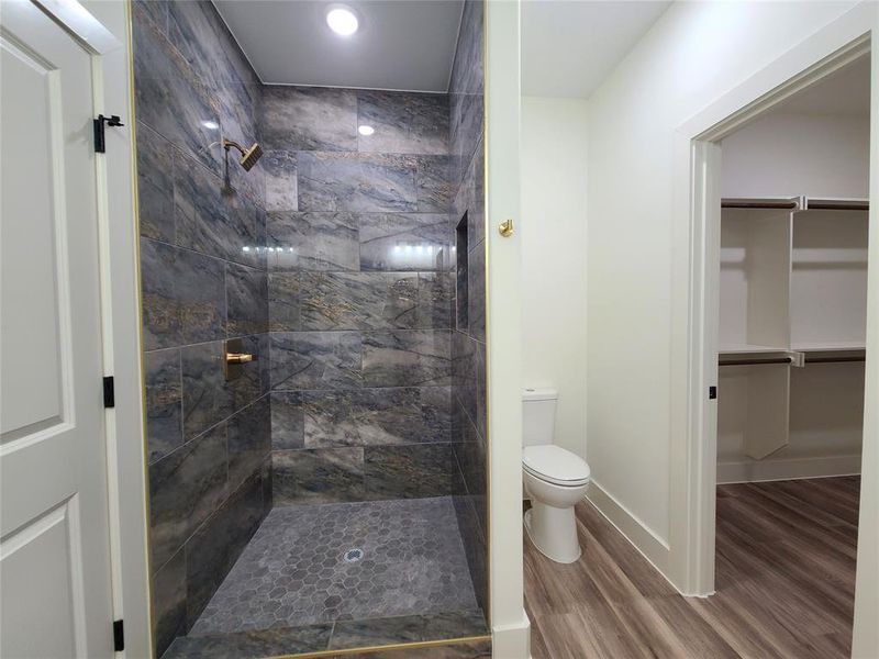 Bathroom with tiled shower, toilet, and walk-in closet