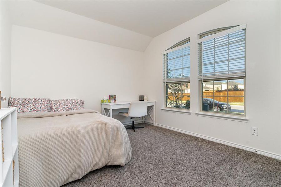 Carpeted bedroom with vaulted ceiling