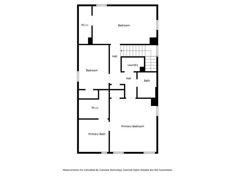 This floor plan shows a residence with three bedrooms, including a primary bedroom with an en-suite bath and walk-in closet (W.I.C.), an additional full bath, a laundry area, and hallway access.