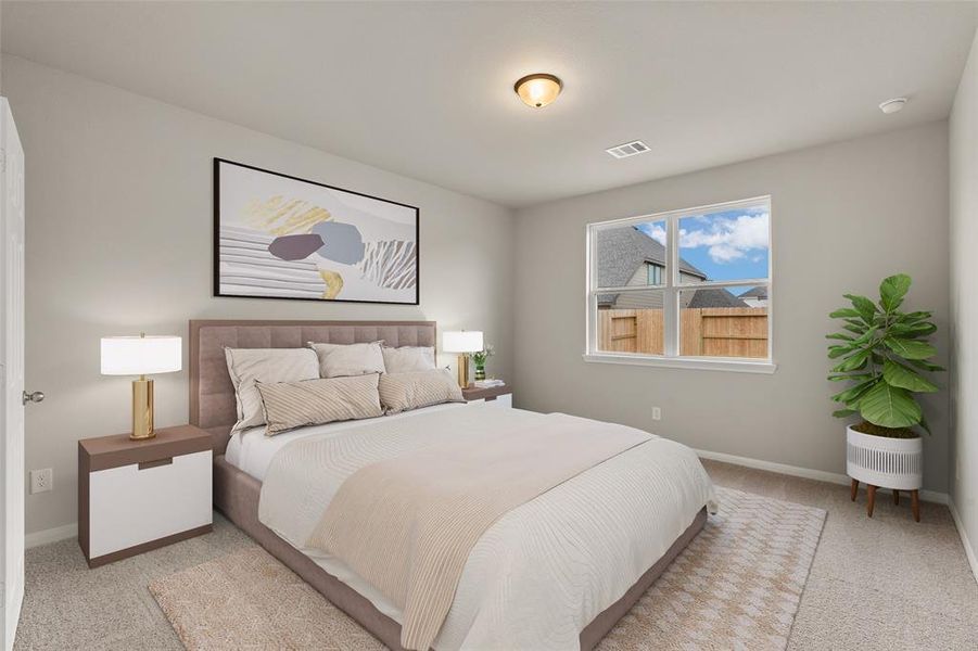 The primary bedroom is generously sized, creating a tranquil and spacious retreat that offers ample room for relaxation. Featuring plush carpet, high ceilings, fresh paint, and large windows that lets in natural lighting throughout the day.