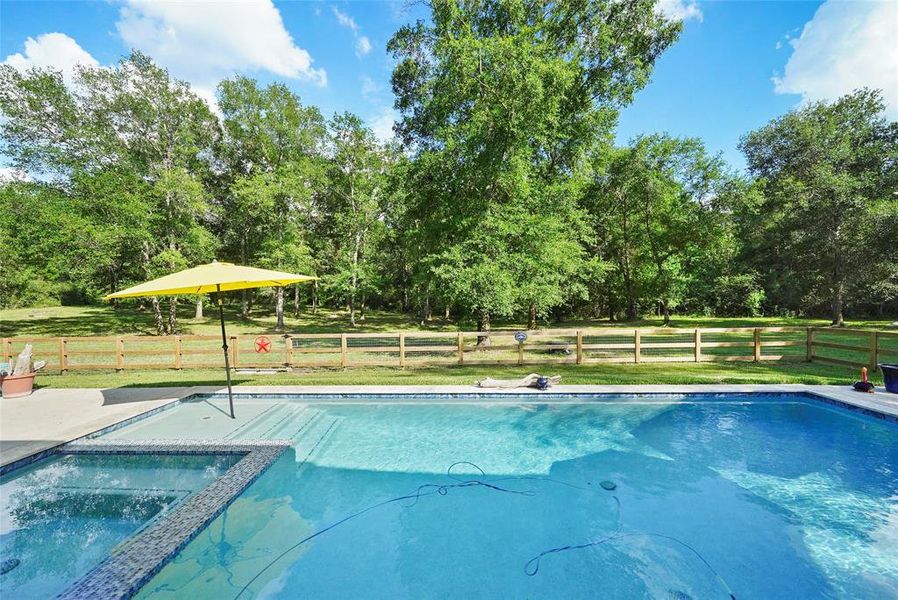 Texas summers just can't be beat when you can enjoy your own private backyard pool and spa. This sparking heated pool offers tanning ledges, in-pool umbrellas and a raised spa. Enjoy ample poolside deck with stunning views of wooded grounds that surround you.