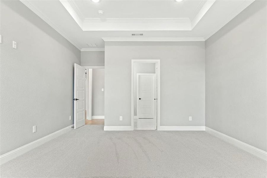 Unfurnished bedroom with carpet, a raised ceiling, and ornamental molding