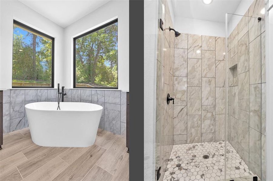 These gorgeous soaker tub to relax or this large shower after a long day on the lake
