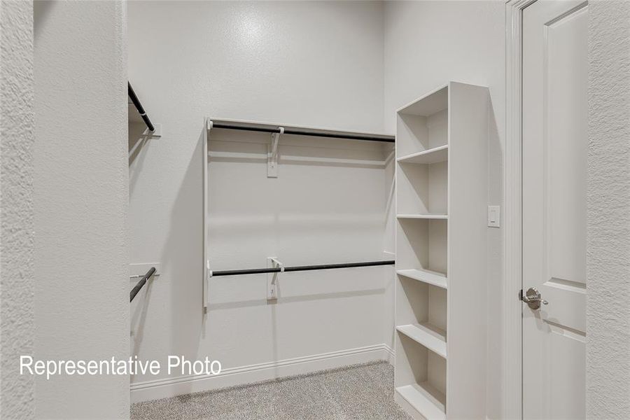 Walk in closet featuring light carpet