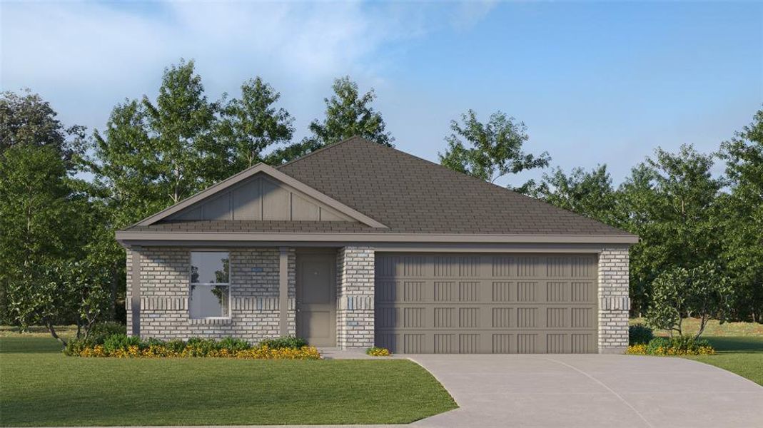 View of front facade featuring a garage and a front yard