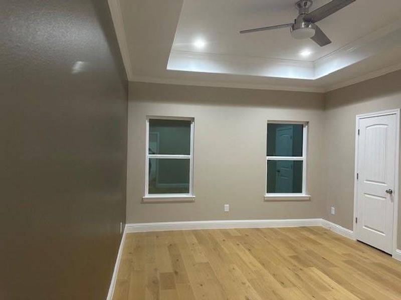 Unfurnished room with ceiling fan, a tray ceiling, ornamental molding, and light hardwood / wood-style flooring