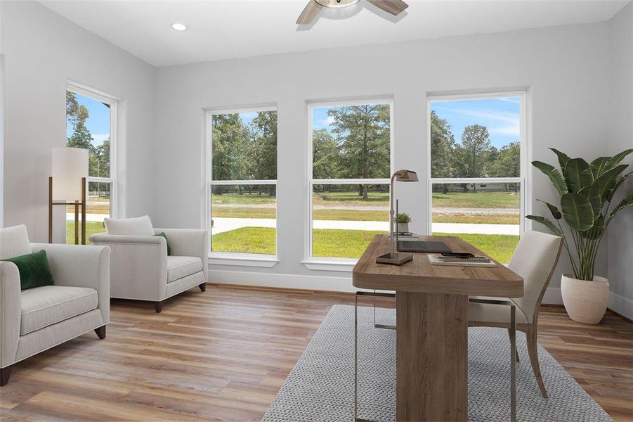 Staged study overlooks the property.