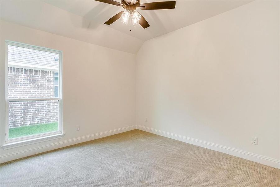 Unfurnished room featuring light carpet, plenty of natural light, and vaulted ceiling