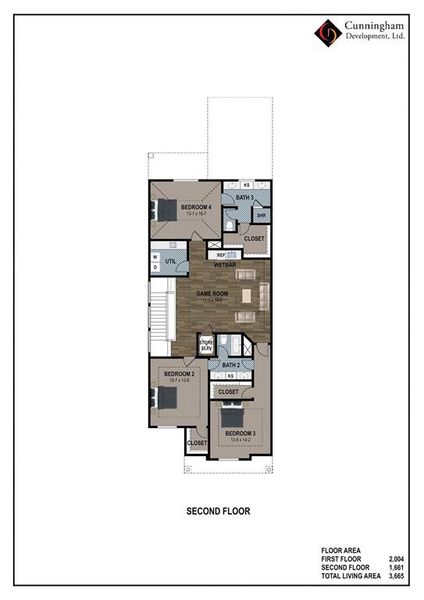 Second floor rendering to show space & layout. All bedrooms have engineered wood floor. Buyer/buyer's agent to verify specs & dimensions