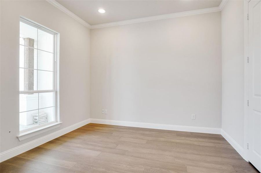 Spare room with light hardwood / wood-style floors and ornamental molding