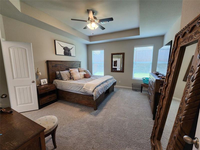 Bedroom with ceiling fan, a raised ceiling, and light colored carpet