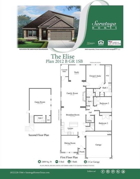 The detailed floor plan of the Elise model by Saratoga Homes highlights its well-thought-out design, including spacious living areas, a large primary suite, and versatile rooms for various needs.