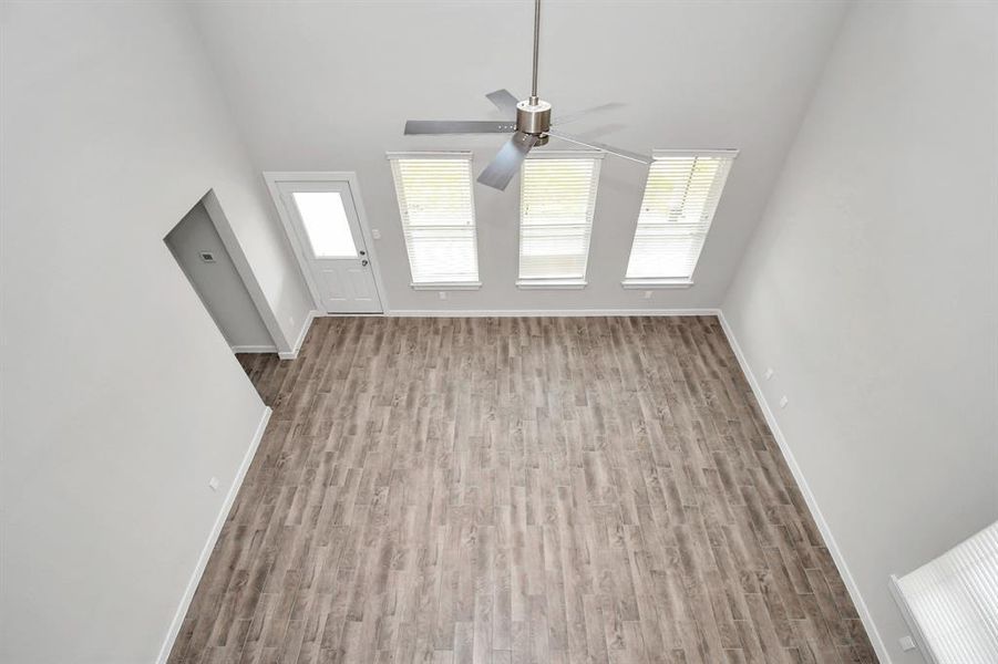 View of family room from landing above.