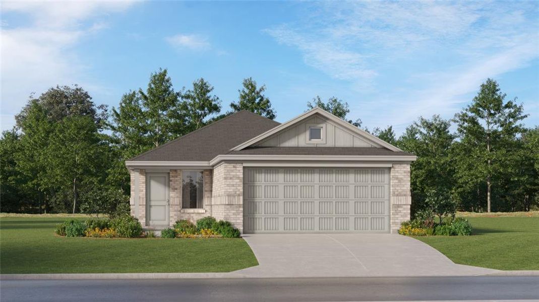 View of front of house with a garage and a front yard