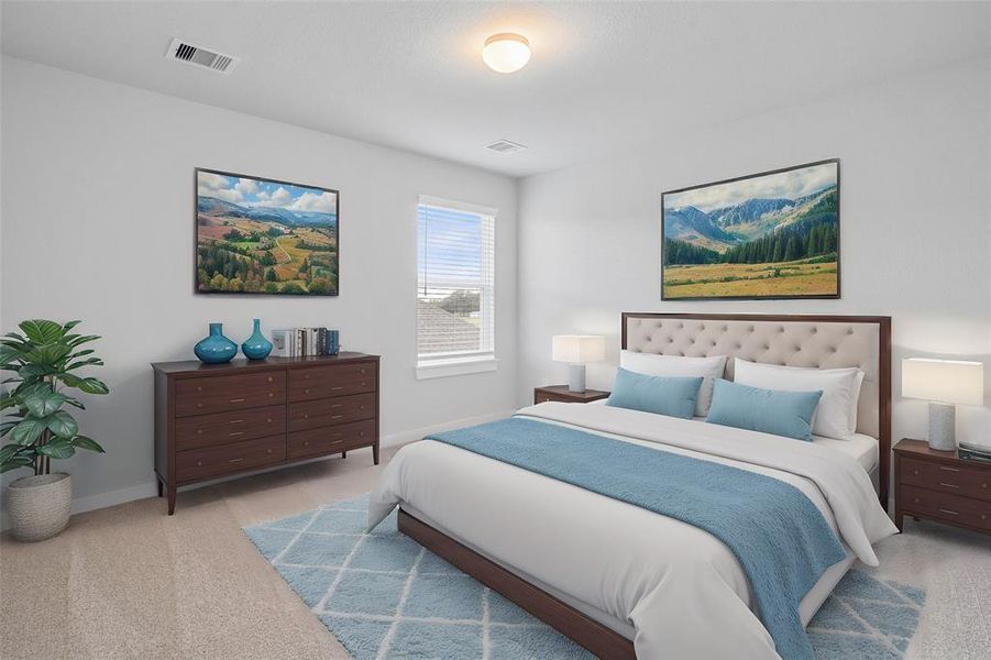 Secondary bedroom features plush carpet, custom neutral paint and a large windows with privacy blinds.