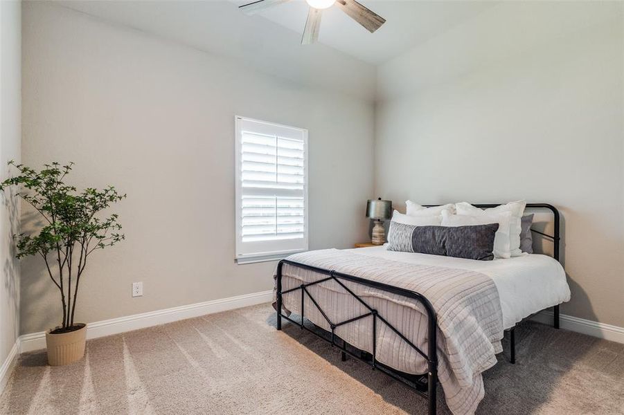 Carpeted bedroom with ceiling fan