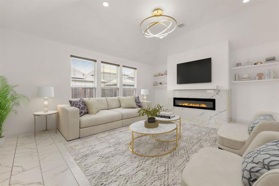 This living room is more like a GREAT room featuring a stunning fireplace with mantel detailing, high ceilings, recessed lighting, custom lighting, and an amazing wall of windows providing a lovely view of your backyard to keep an eye out on the kids or pets playing.