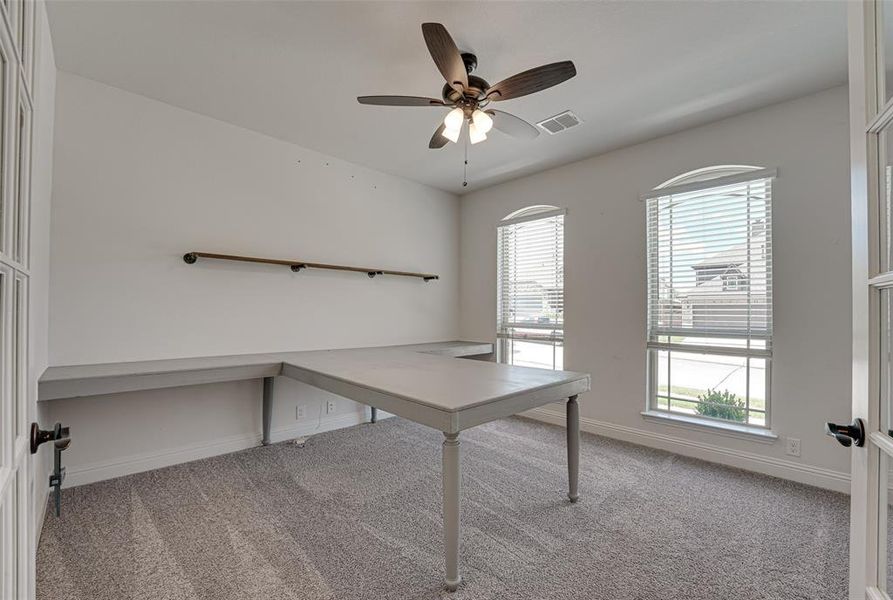 Unfurnished office featuring ceiling fan, carpet, and plenty of natural light