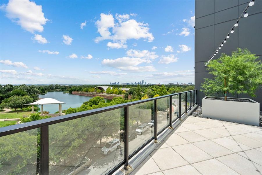 Views of Mueller Lake Park and Downtown Austin from the rooftop terrace.