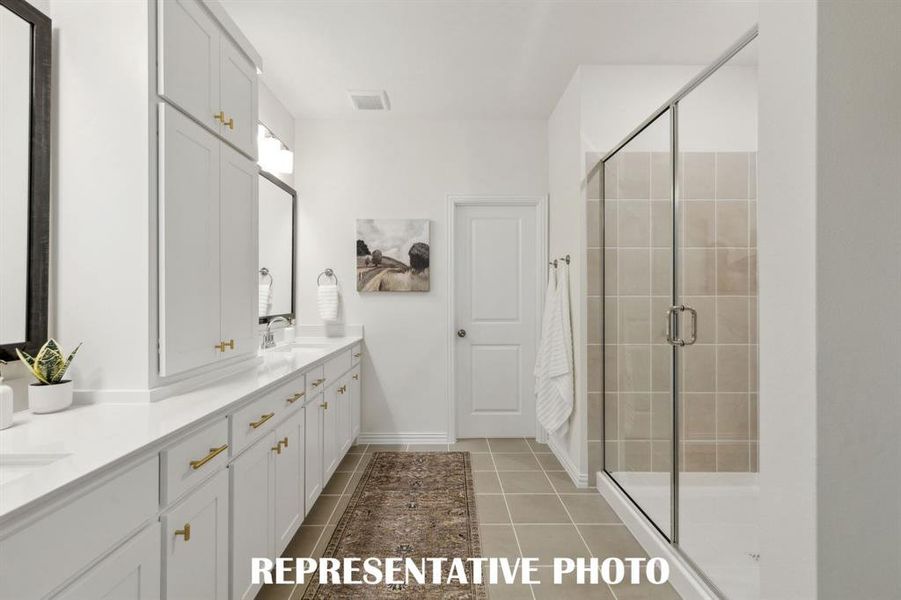 We offer spacious owner's baths with oversized walk in showers in all of our new floor plans!  REPRESENTATIVE PHOTO