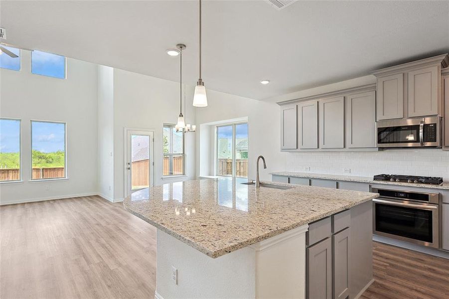 Kitchen featuring an island with sink, light stone countertops, light hardwood / wood-style flooring, sink, and stainless steel appliances