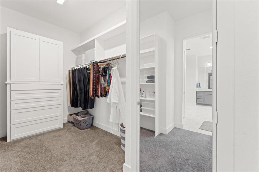 A generous walk-in closet offers plenty of storage, enhancing the master suite’s luxurious appeal.