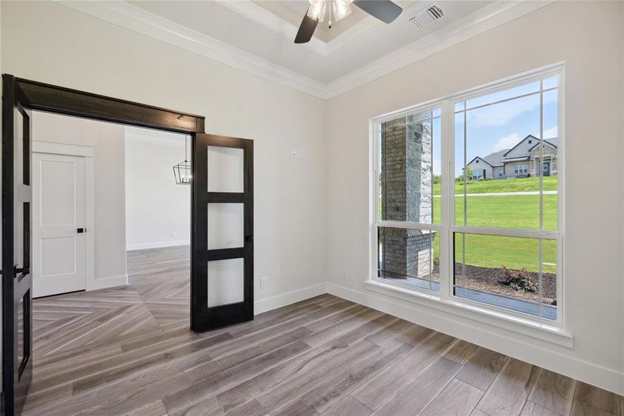 Spare room featuring wood-type flooring, a raised ceiling, crown molding, and ceiling fan