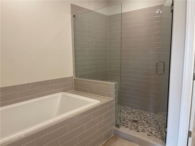 Luxurious owners bath featuring a soaking tub and a tiled shower.