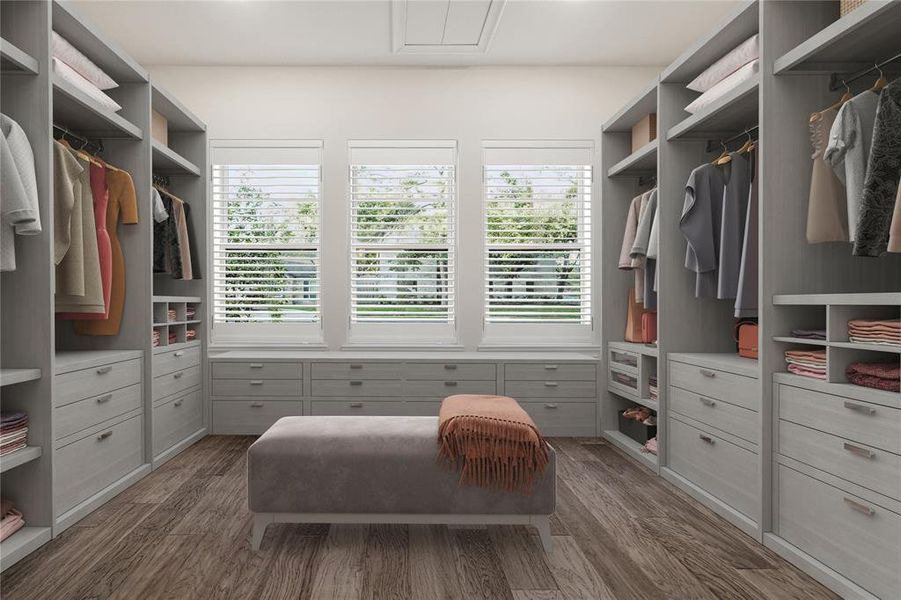 *Virtual Rendering* An example of what the main walk-in closet could look like with custom built-ins and shutters. The large size offers many possibilities. There is even room for an island with drawers in the center.