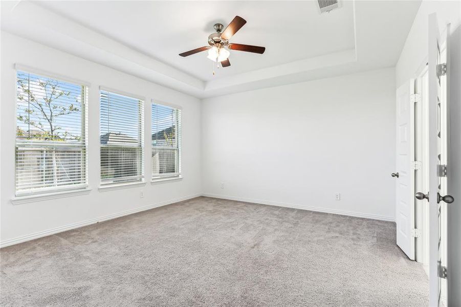 Spare room with light colored carpet, ceiling fan, and a raised ceiling