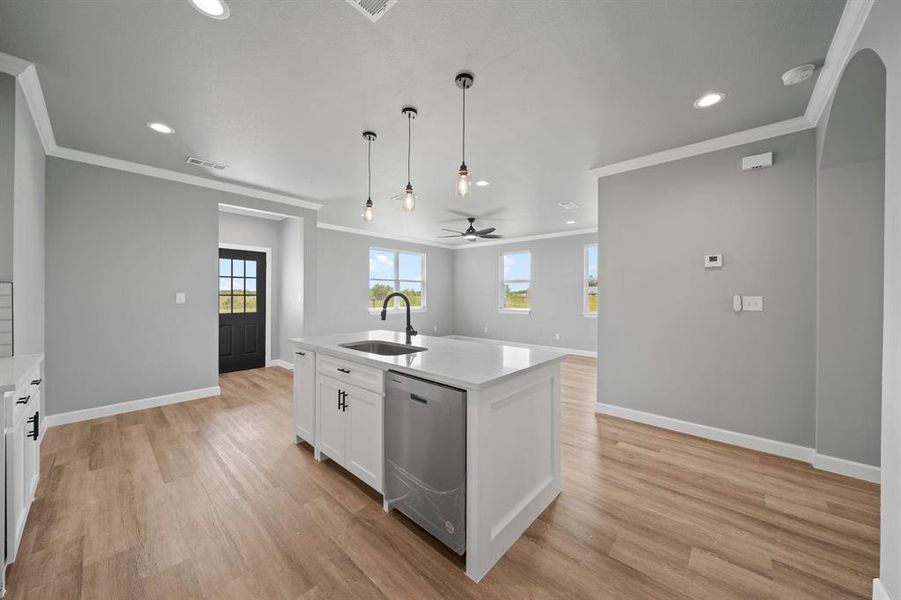 Kitchen with crown molding, white cabinets, stainless steel dishwasher, light hardwood / wood-style floors, and sink