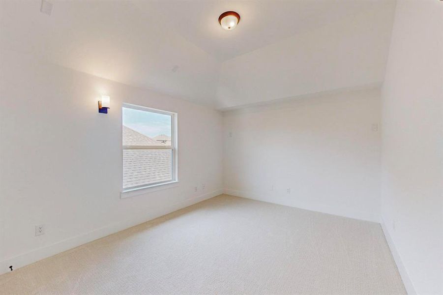 Unfurnished room with vaulted ceiling and carpet floors