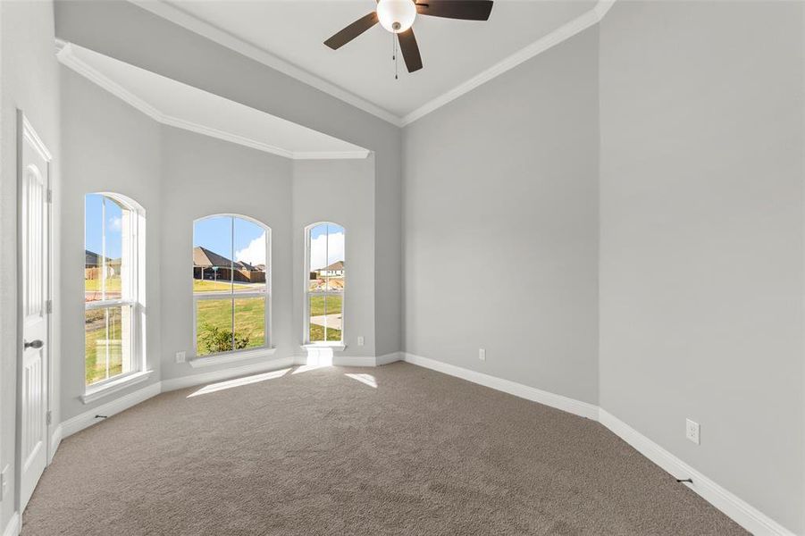 Carpeted empty room with crown molding, high vaulted ceiling, and ceiling fan