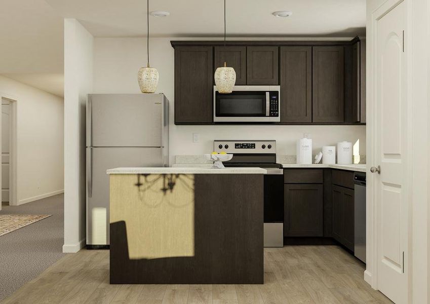 Rendering of the kitchen featuring dark
  wood cabinetry, stainless steel appliances, and a view of the hallway to the
  left.