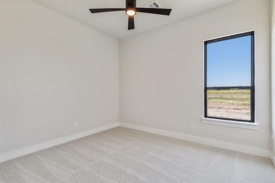 Carpeted spare room with ceiling fan